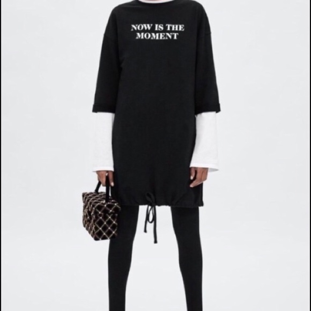 ZARA TRAFALUC SLOGAN DRAWSTRING HEM TEE DRESS Sz S